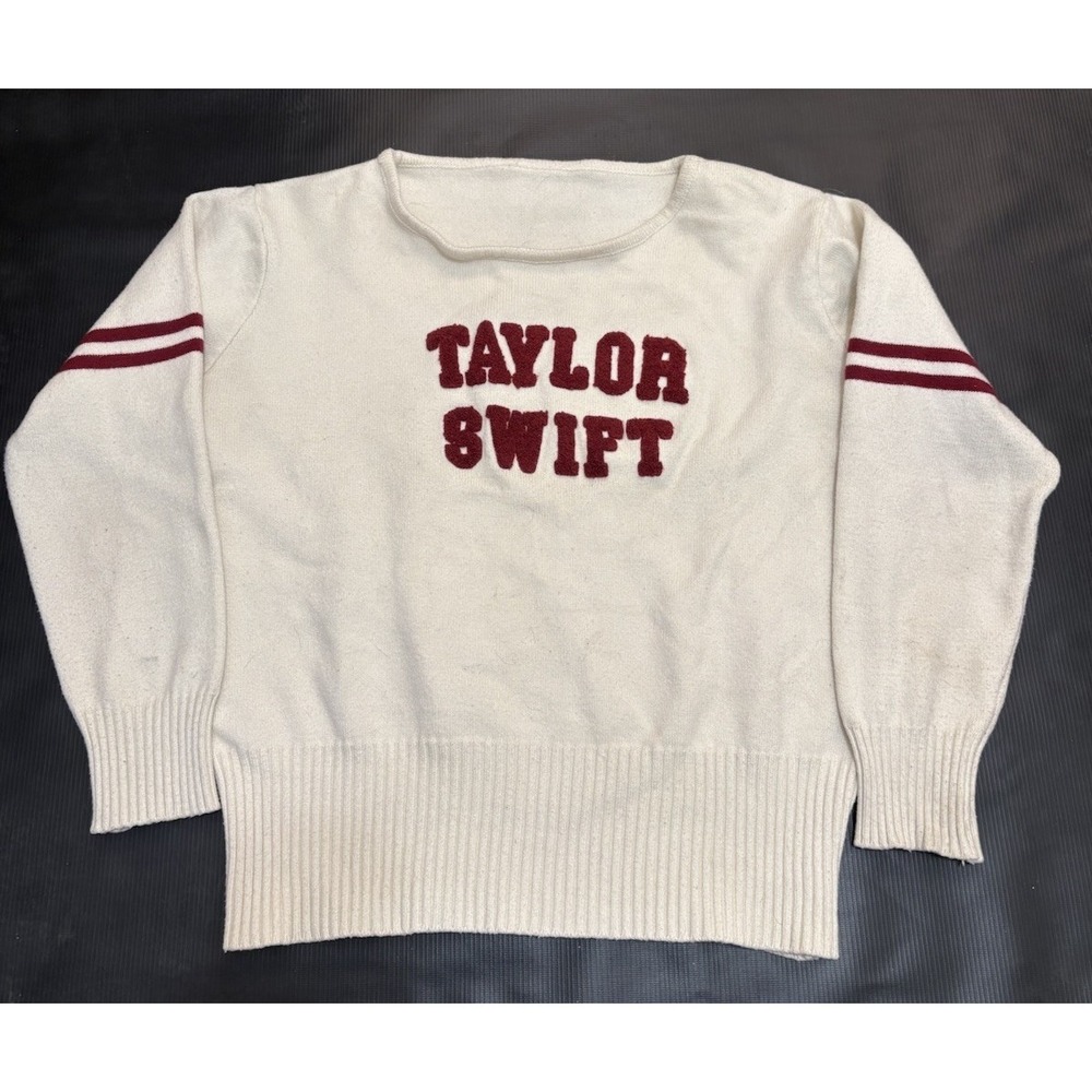 Taylor Swift Sold Out Women's Spell Out Varsity Sweater Red/Cream SZ XL